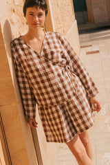 Adele Wrap Linen Top Shirts AmourLinen Mocha Gingham XS 