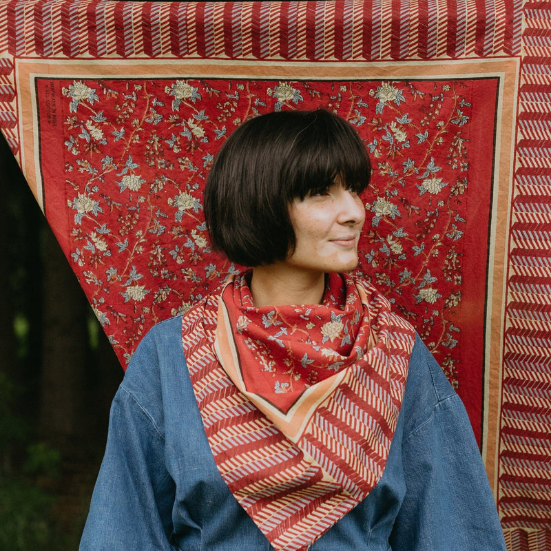 Last Chance Textiles Blockprint Silk-Cotton Scarf- Red Deco- 40in Larger Scarves Last Chance Textiles 