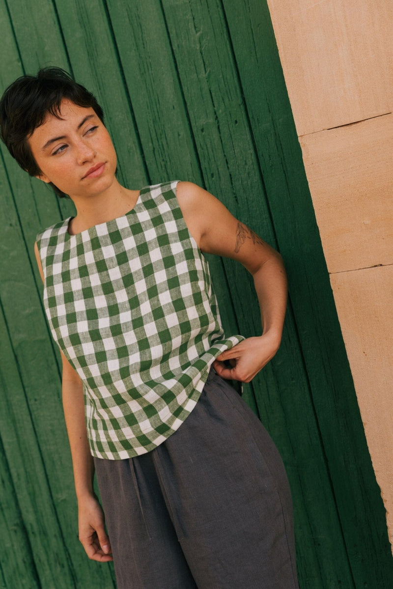 Lucia Classic Sleeveless Linen Top Tank Tops AmourLinen Green Gingham XS 