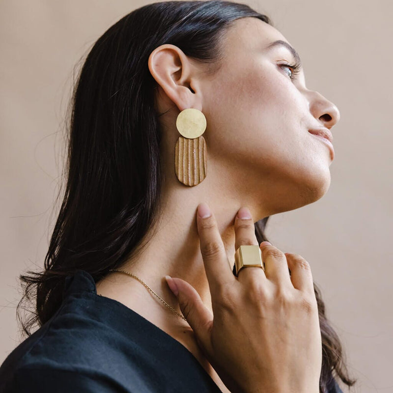 Mulxiply Reeded Oval Drop Earrings - Golden Umber + Brass Earrings Mulxiply 