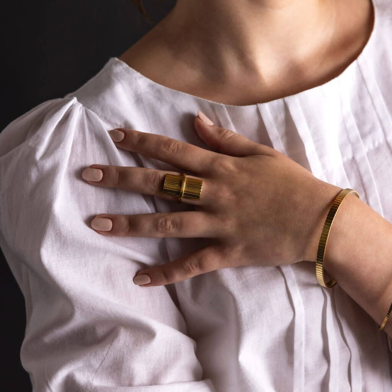 Mulxiply Ridge Rectangle Statement Ring - Brass Rings Mulxiply 