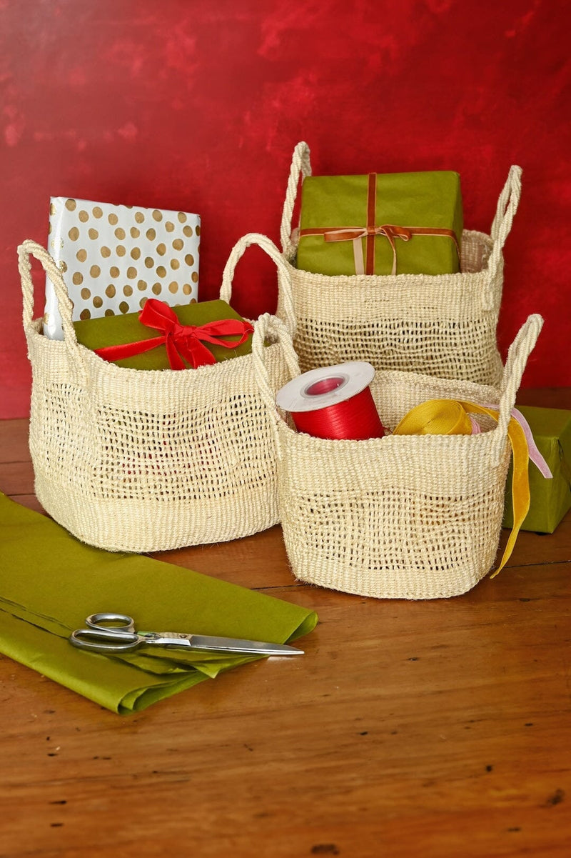 Open Weave Blue Sisal Nesting Basket Set Baskets with Handles Swahili African Modern 