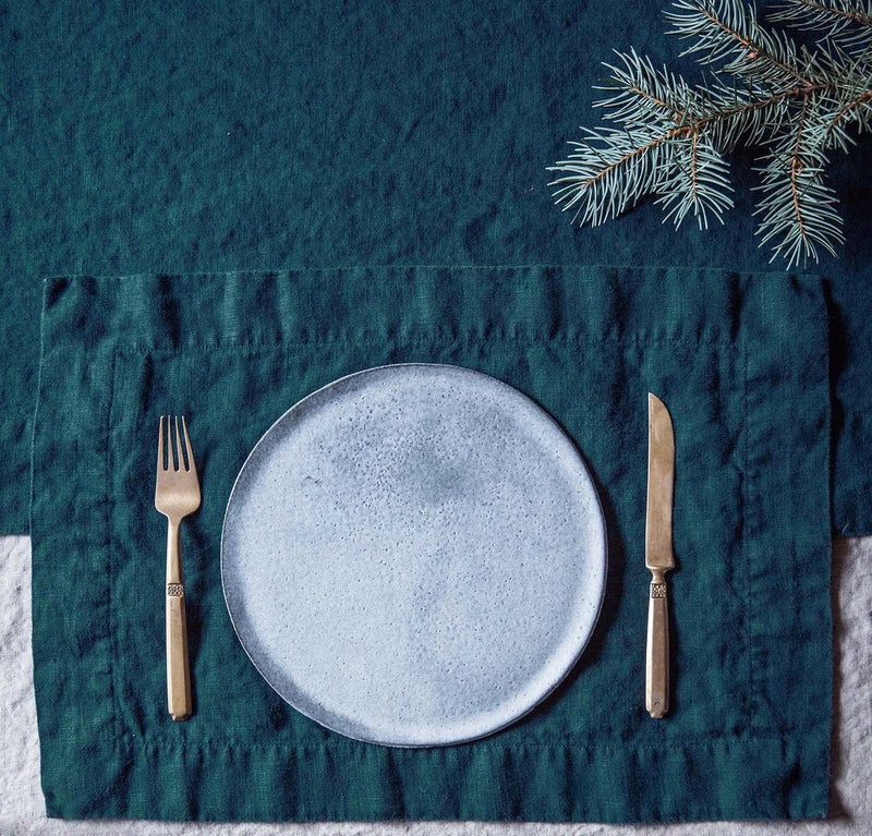Orkney Heavyweight Linen Placemat Table Linens Rough Linen Forest Blue 