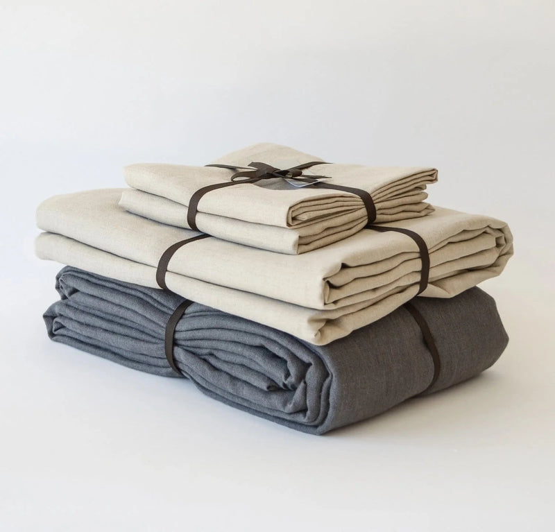 Orkney Midweight Linen Summer Bedding Set Sheet Sets Rough Linen Charcoal/Natural Beige Queen Standard Fitted