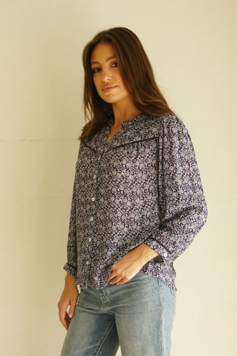 Paneros Clothing Anna Shirt in Navy Vines Print Top Paneros Clothing 