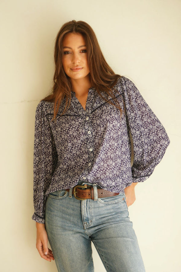 Paneros Clothing Anna Shirt in Navy Vines Print Top Paneros Clothing 