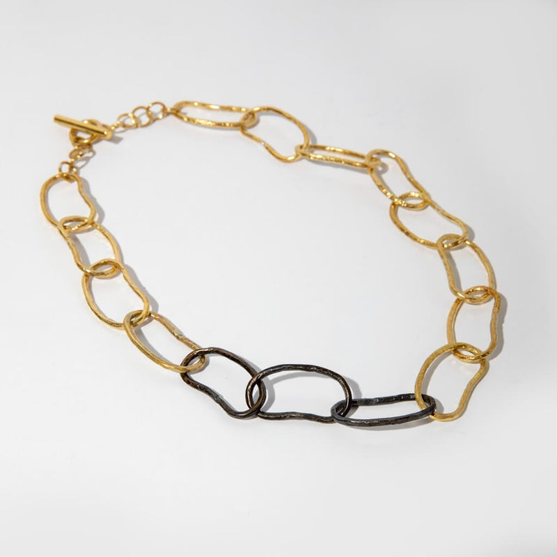 Pool Link Statement Necklace Necklaces Mulxiply Hammered Brass and Oxidized Brass 