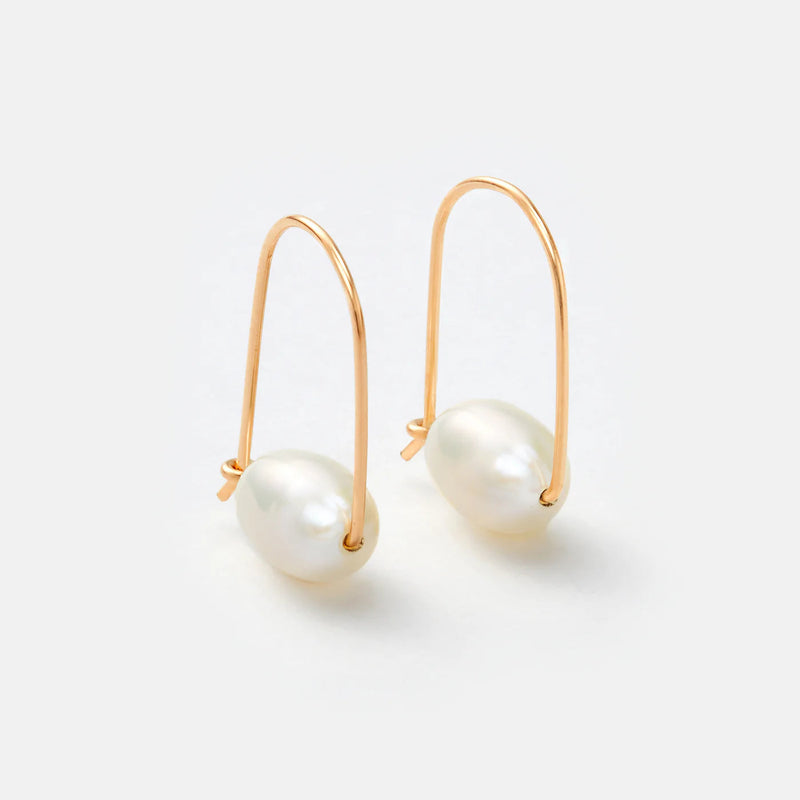 Recycled Gold Small Floating Pearl Hoop Earrings Earrings Sara Patino Jewelry 