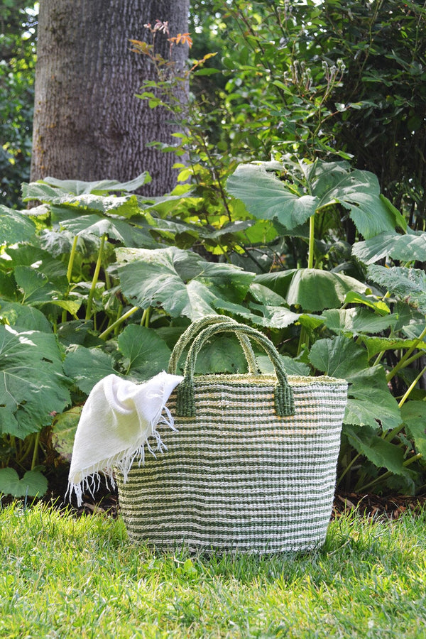 Swahili African Modern Garden Green Narrow Stripe Sisal Tote Swahili African Modern 