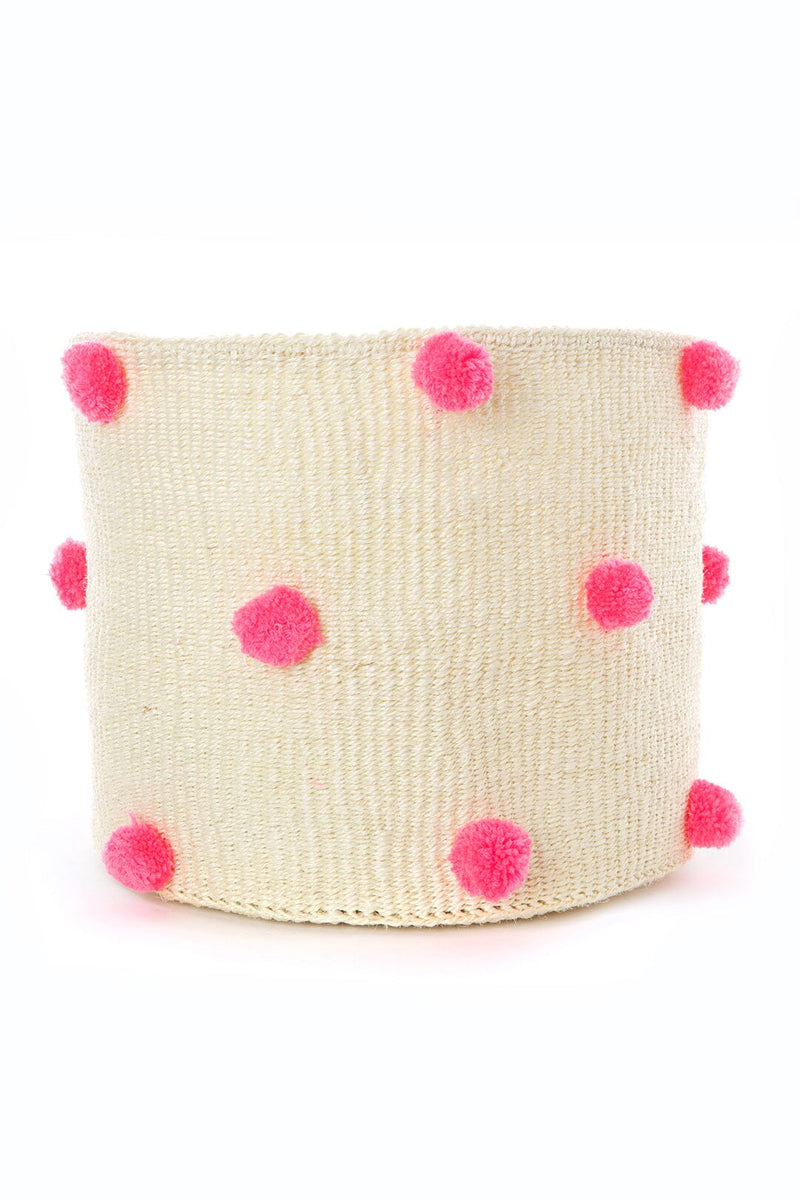 Swahili African Modern Natural Sisal Bin with Pink Pom Poms Swahili African Modern 