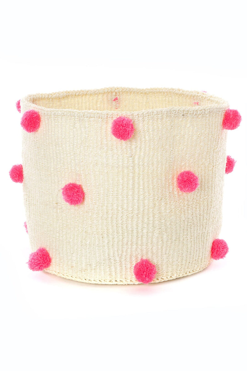 Swahili African Modern Natural Sisal Bin with Pink Pom Poms Swahili African Modern 