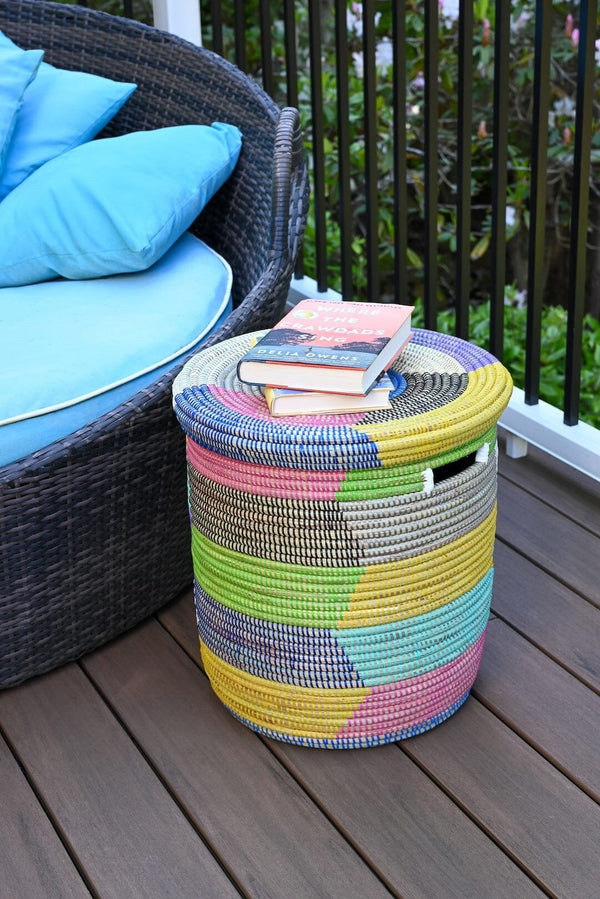 Swahili African Modern Rainbow Herringbone Lidded Storage Basket Swahili African Modern 