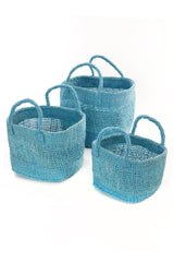 Swahili African Modern Set of Three Open Weave Blue Sisal Nesting Baskets Swahili African Modern 