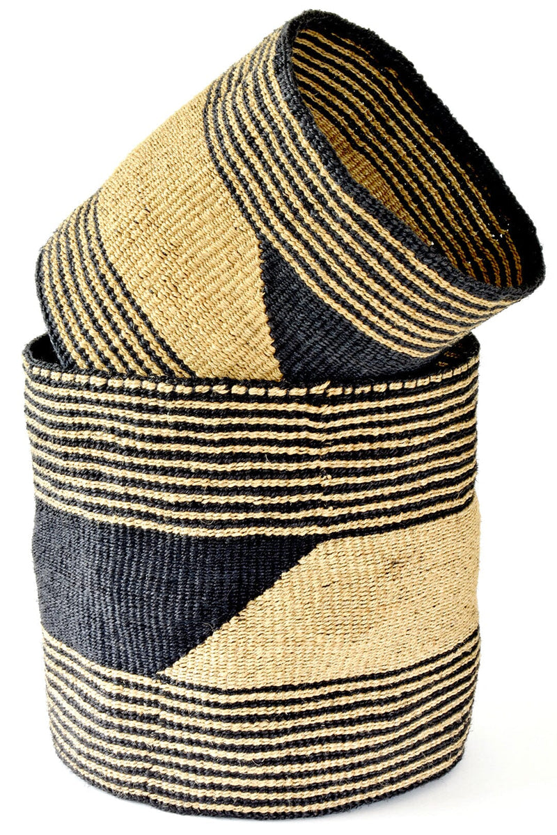 Swahili African Modern Set of Two Large Black and Gold Sisal Bins Swahili African Modern 