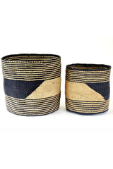 Swahili African Modern Set of Two Large Black and Gold Sisal Bins Swahili African Modern 