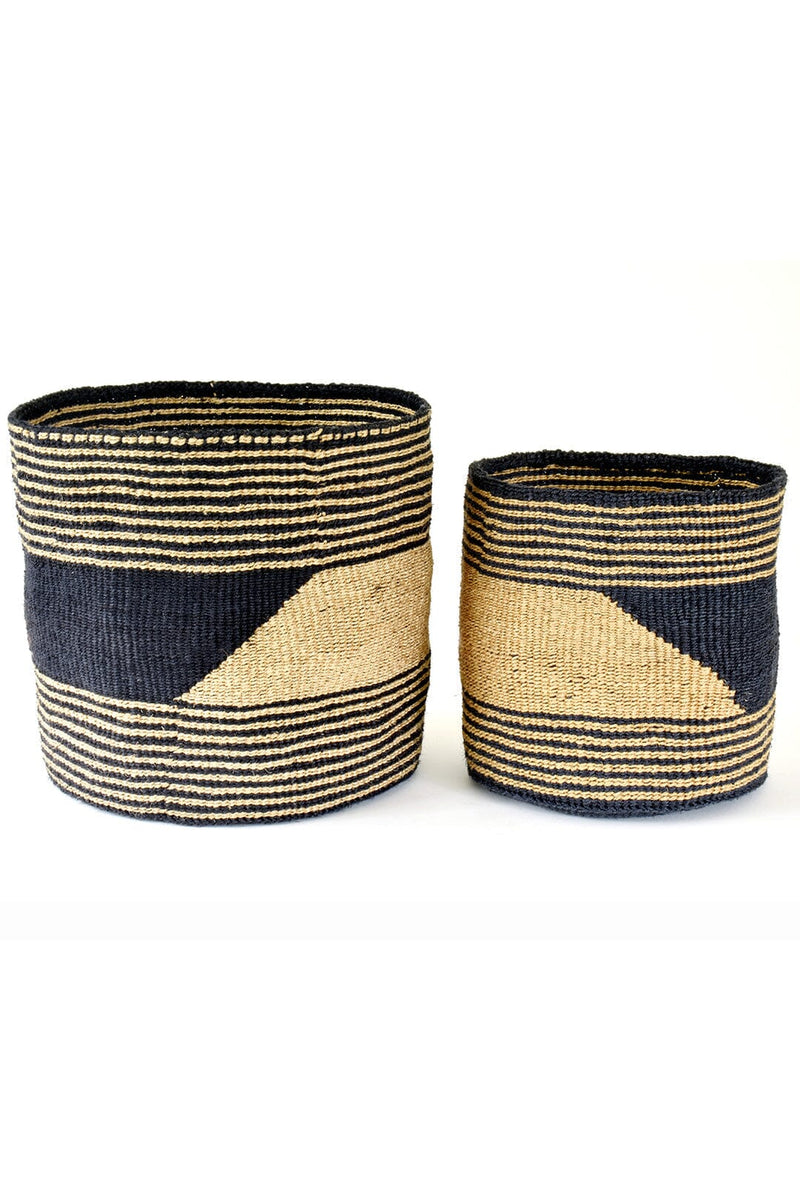 Swahili African Modern Set of Two Large Black and Gold Sisal Bins Swahili African Modern 