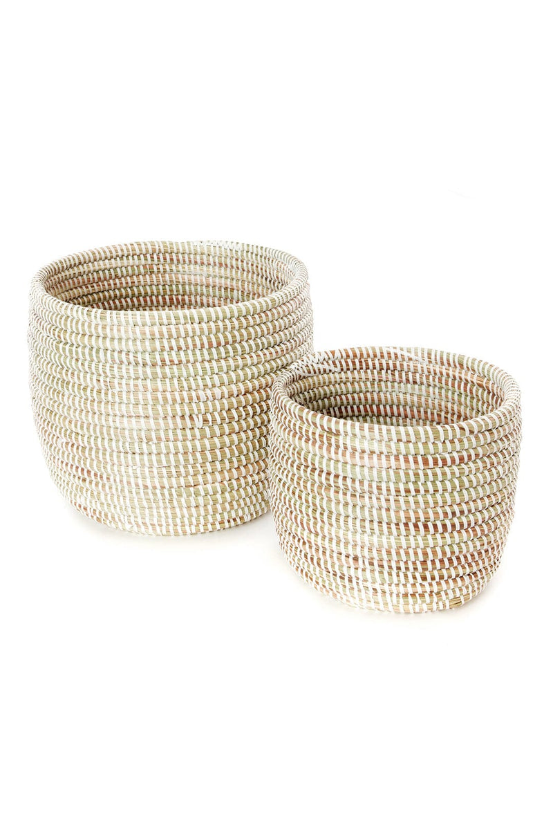 Swahili African Modern Set of Two Solid White Floral Baskets Swahili African Modern 