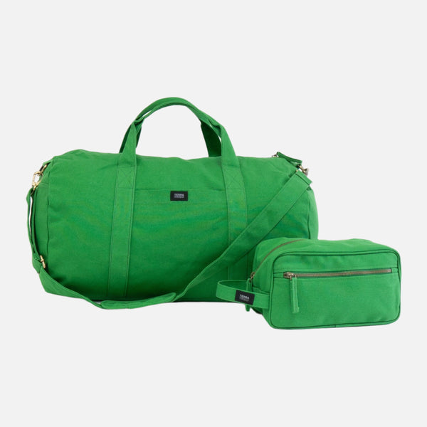 Terra Thread Sustainable Travel Set - Toiletry Bag and Duffel Bag in Moss Green Color Terra Thread 