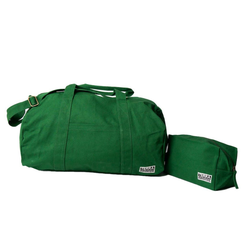 Terra Thread Sustainable Travel Set - Toiletry Bag and Duffel Bag in Moss Green Color Terra Thread 