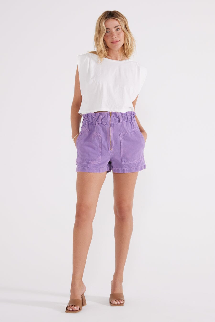 Purple paper bag on sale shorts