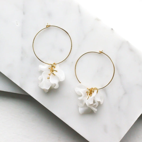 Gold Flower Hoop Earrings, 14K Yellow Gold Small Hoops Petal Design