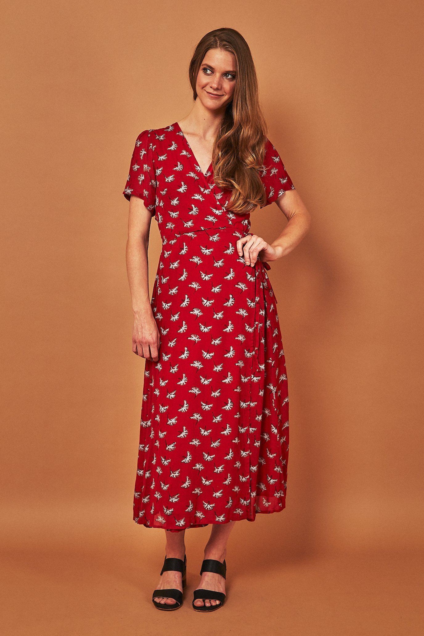 Ginkgo Leaf Midi Wrap Dress - Red + Silver