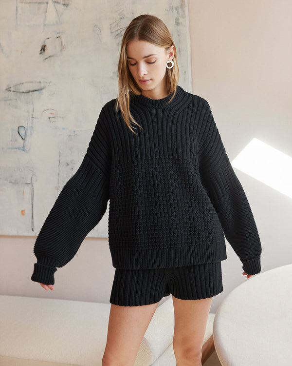 The Knotty Ones Delčia: Black Cotton Sweater Cotton Sweater The Knotty Ones 